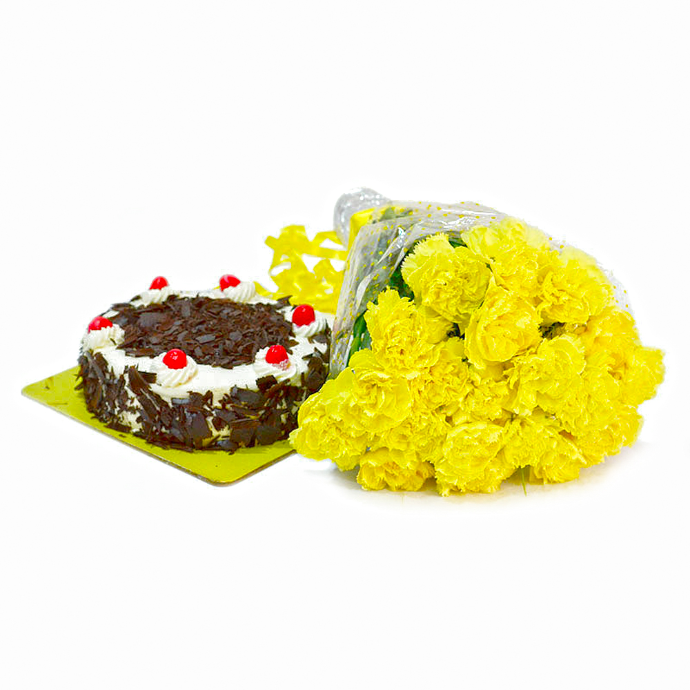 Bunch of 20 Yellow Carnations with Half Kg Black Forest Cake