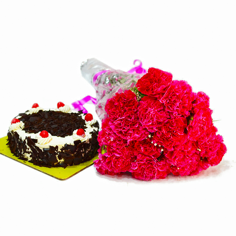 Fresh 20 Pink Carnations with Half Kg Black Forest Cake