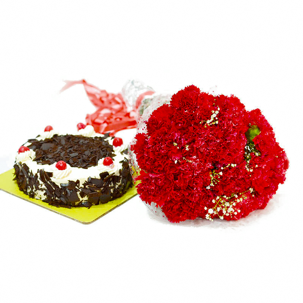 Romantic 20 Red Carnations with Black Forest Cake