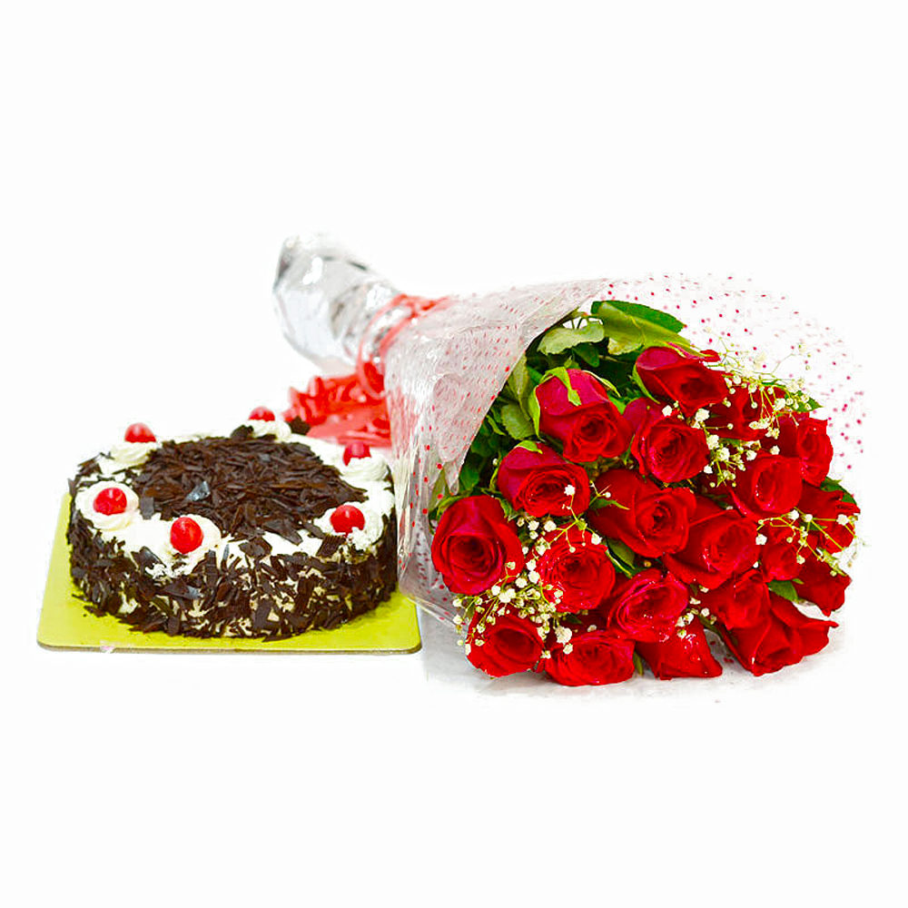 20 Romantic Red Roses Bouquet with Black Forest Cake