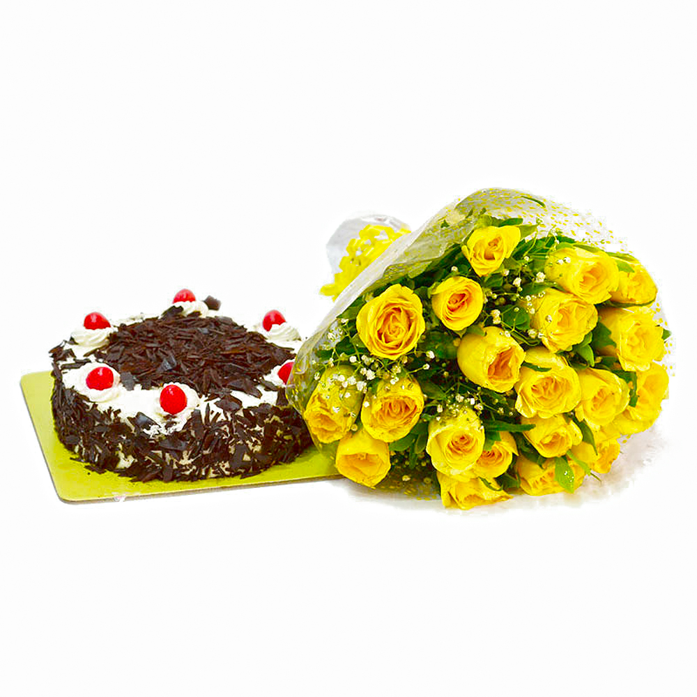 Bright 20 Yellow Roses with Black Forest Cake