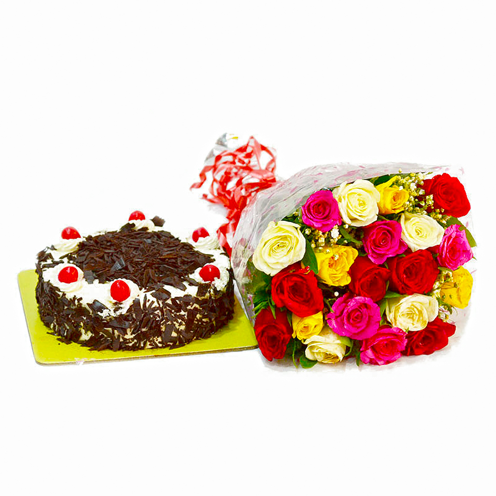 Birthday Surprise Special of Multi Color Roses with Blackforest Cake