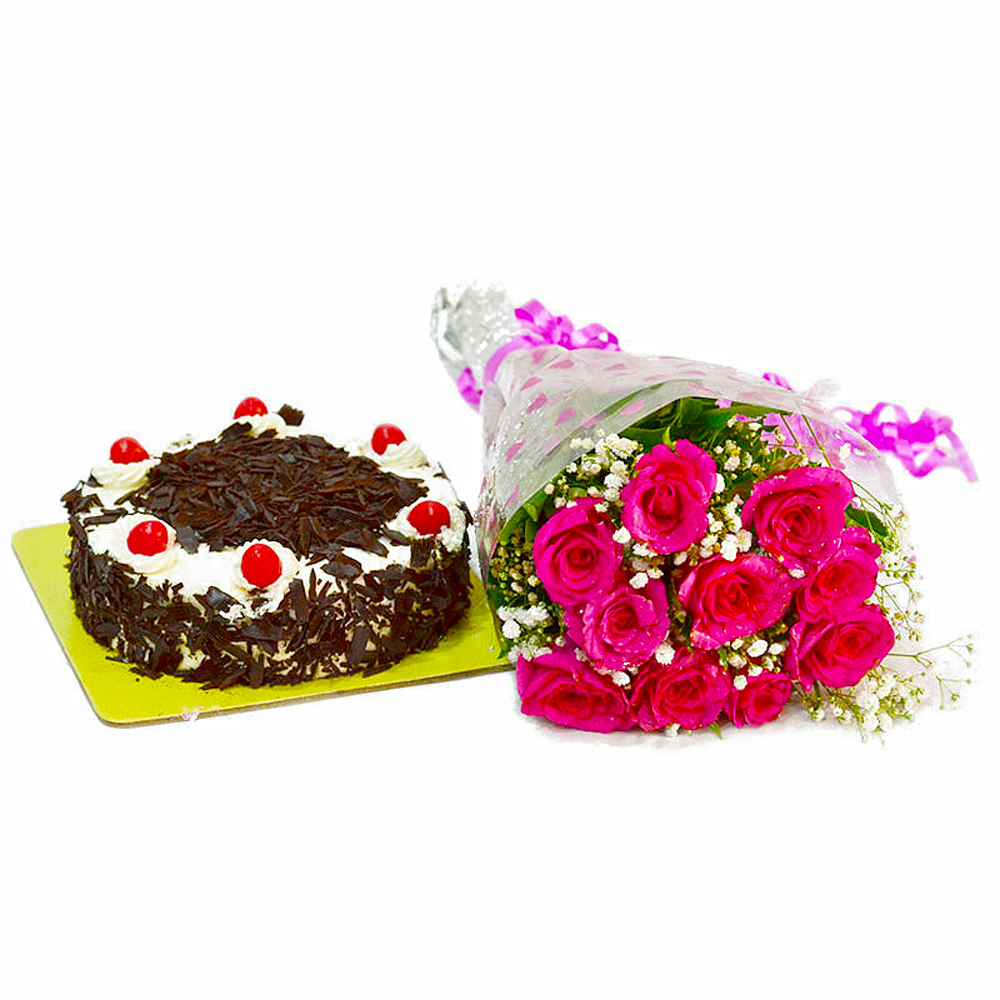 Twinkling Ten Pink Roses with Black Forest Cake