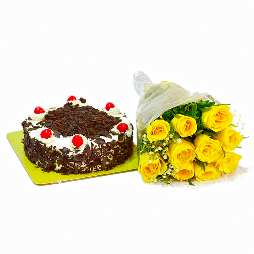 Sunshine 10 Yellow Roses with Black Forest Cake