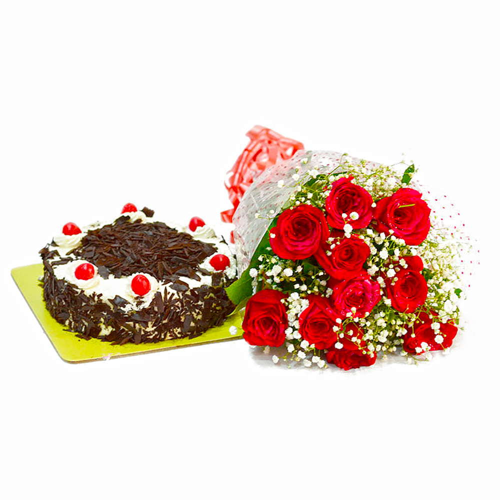 Ten Red Roses Bunch with Half Kg Black Forest Cake