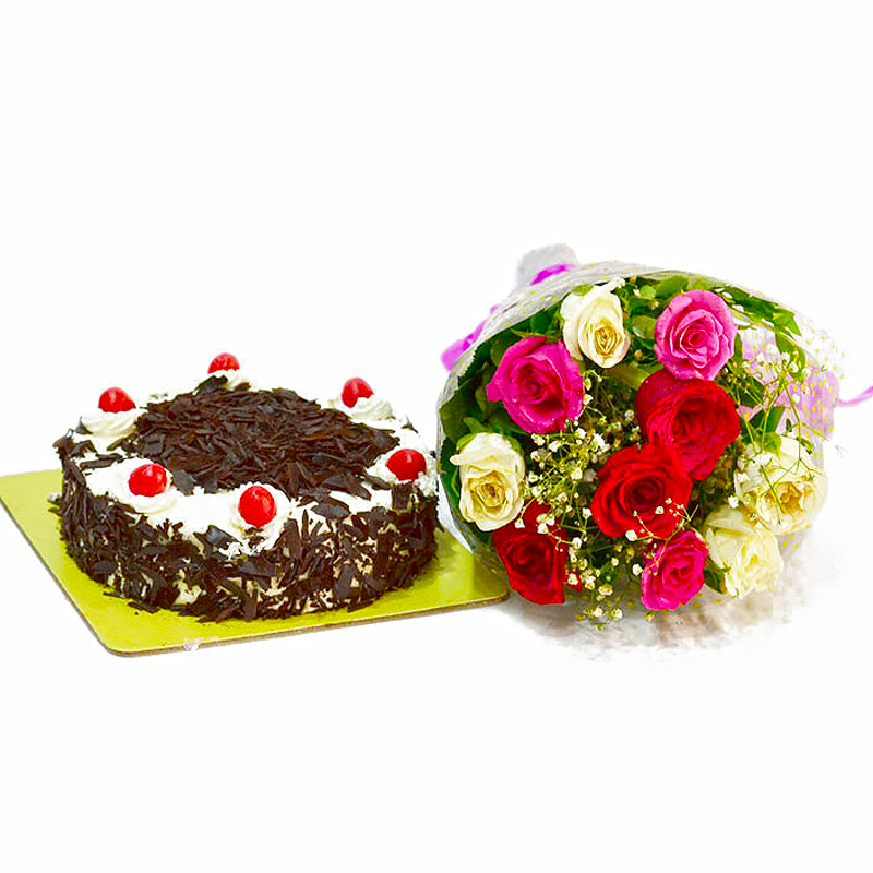 Ten Multi Roses Bunch with Black Forest Cake