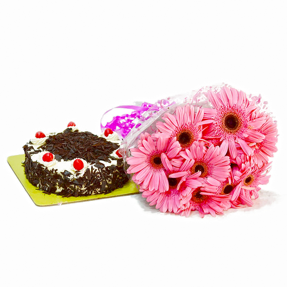Lovely 10 Pink Gerberas with Black Forest Cake