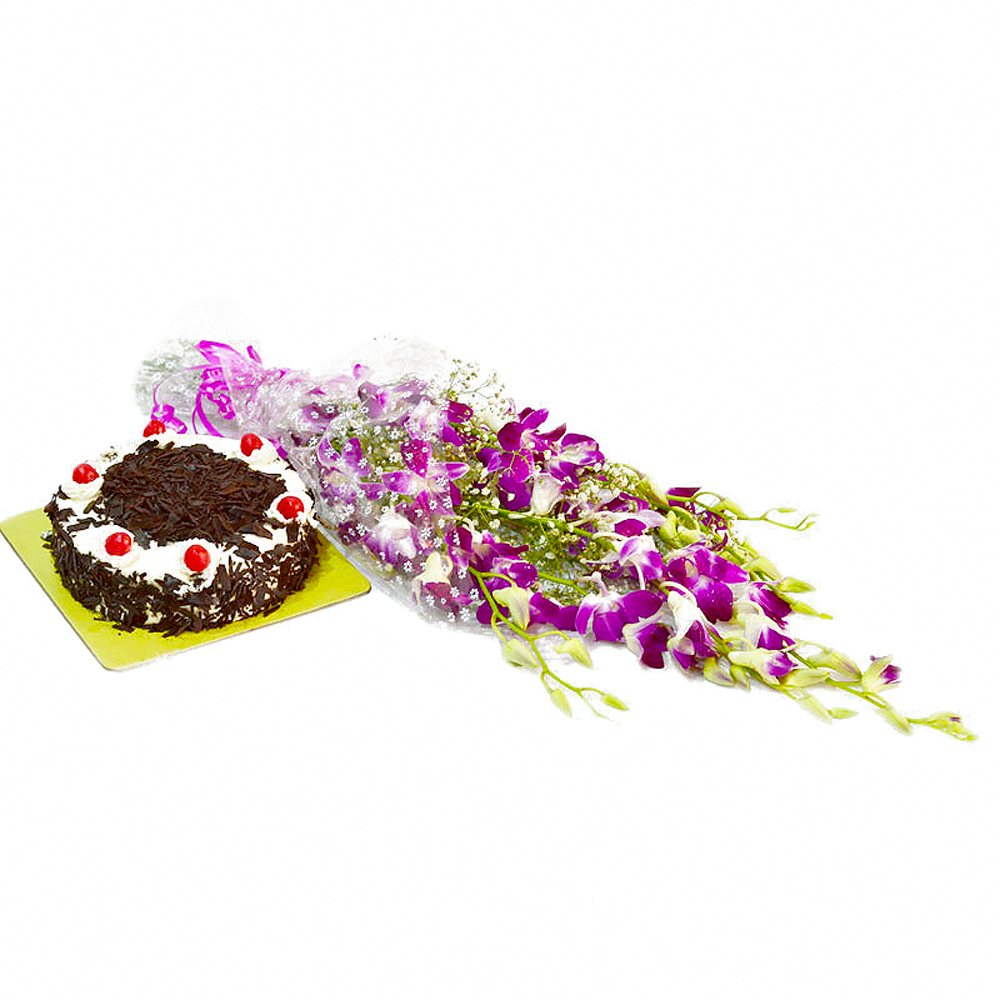 Six Purple Orchids with Half Kg Black Forest Cake