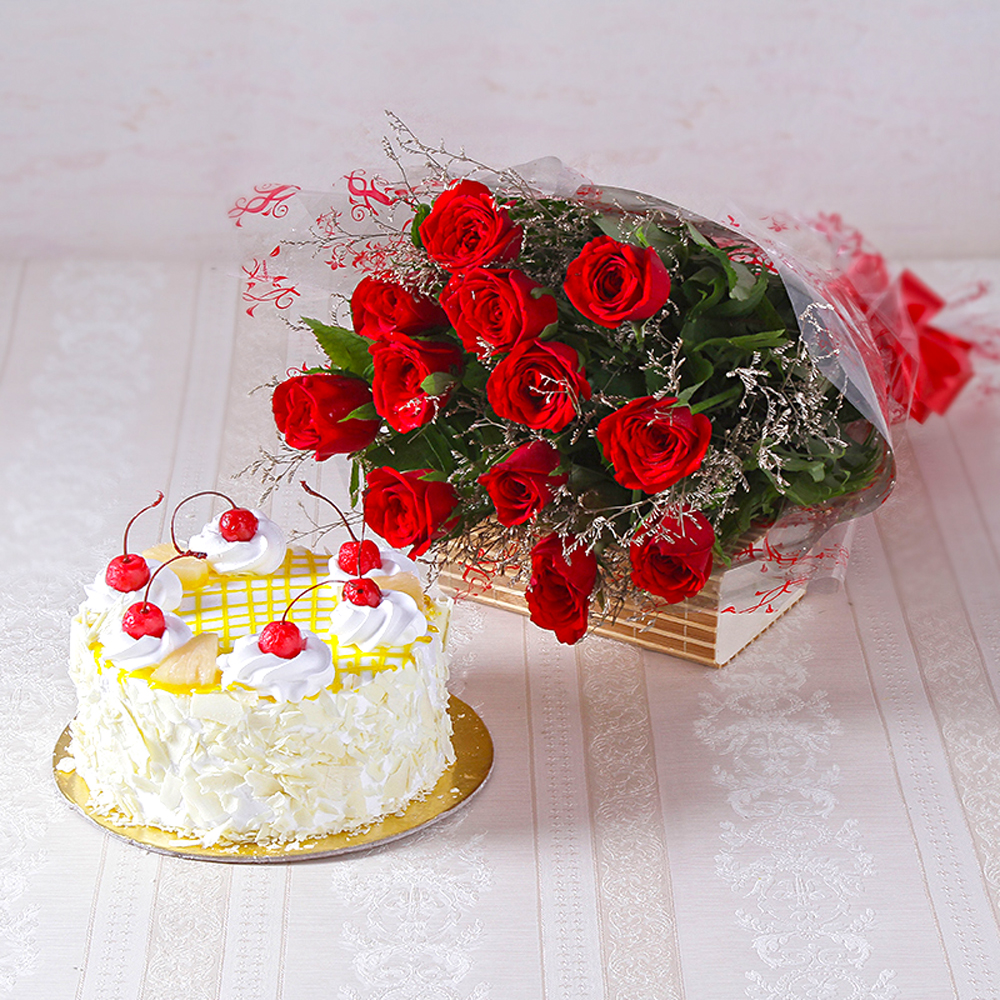 Dozen Red Roses with Half Kg Pineapple Cake