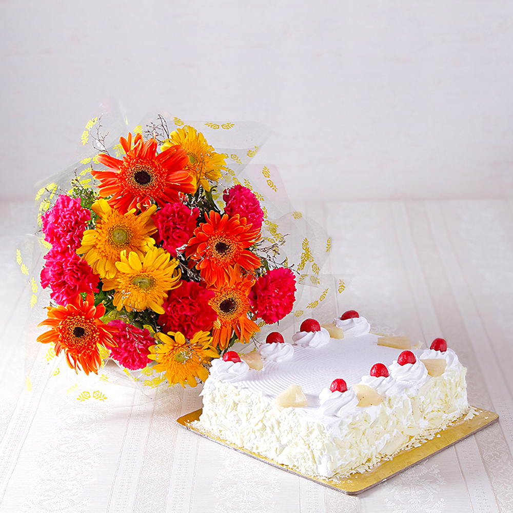 Pineapple Cake with Beautiful Mix Flowers Bouquet