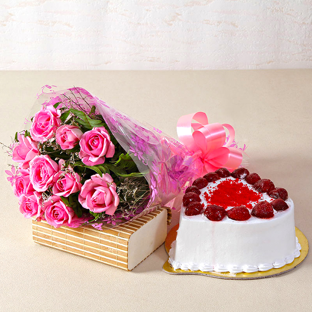 Love Ten Special Pink Roses Bunch with Heart Shape Strawberry Cake