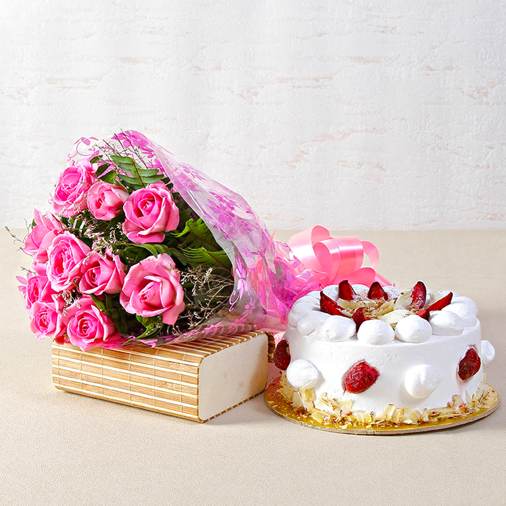 Ten Pink Roses Bouquet with Half Kg Fresh Strawberry Cake