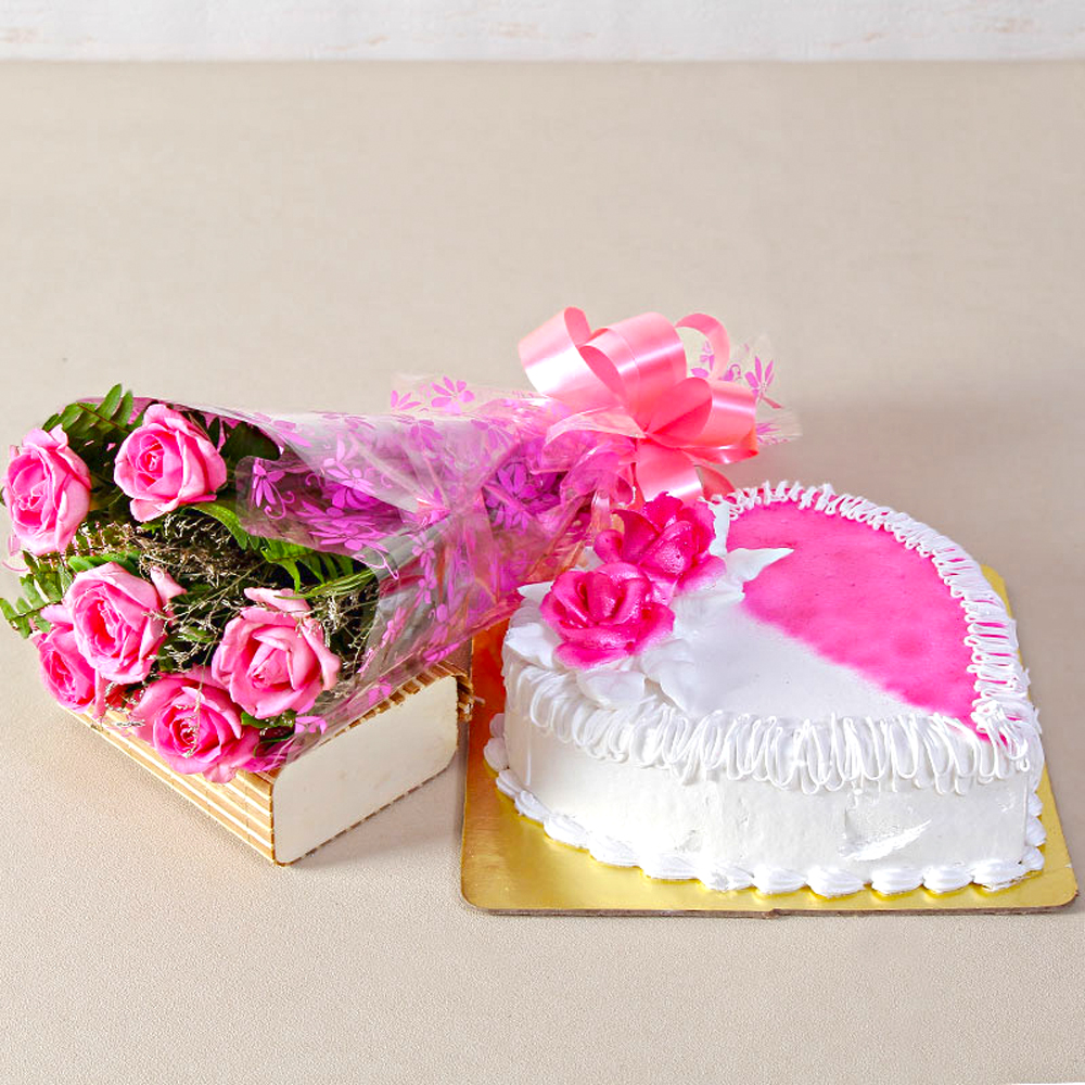 Six Pink Roses with Heartshape Strawberry Cake