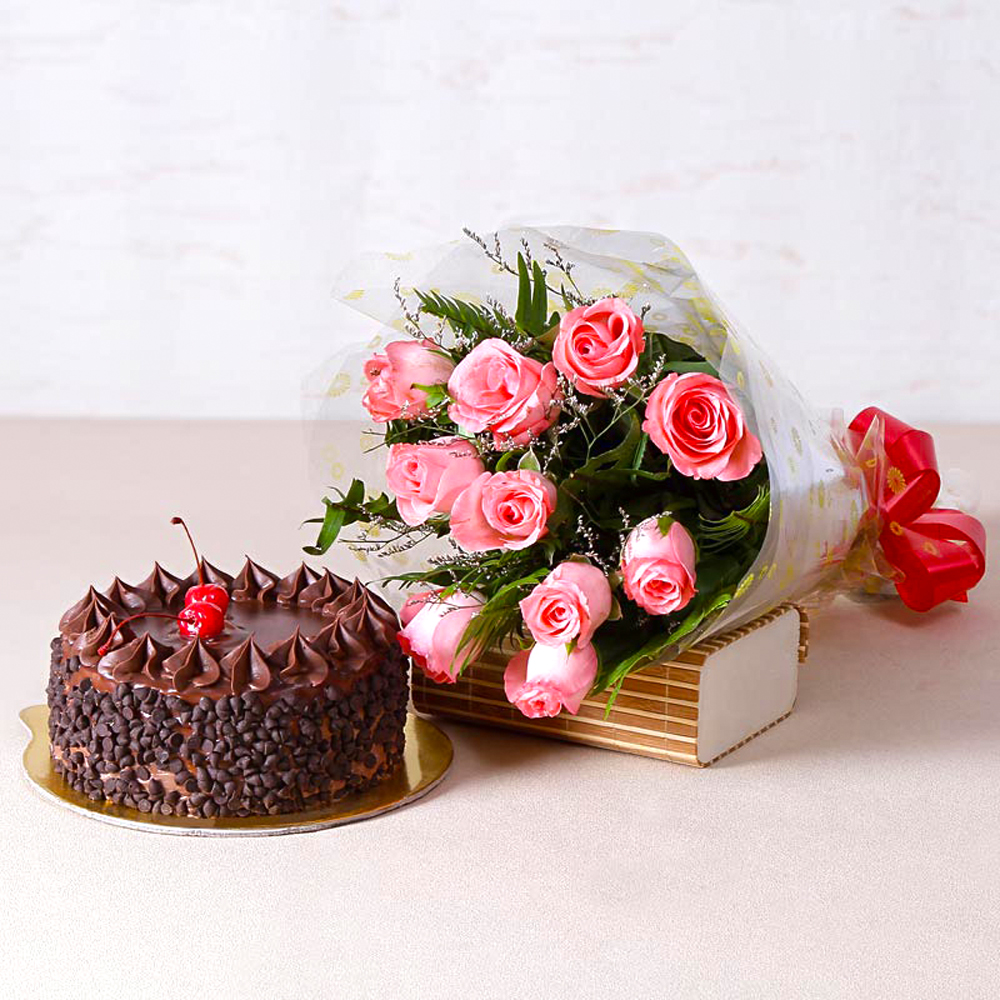 Ten Pink Roses with Choco Chips Chocolate Cake