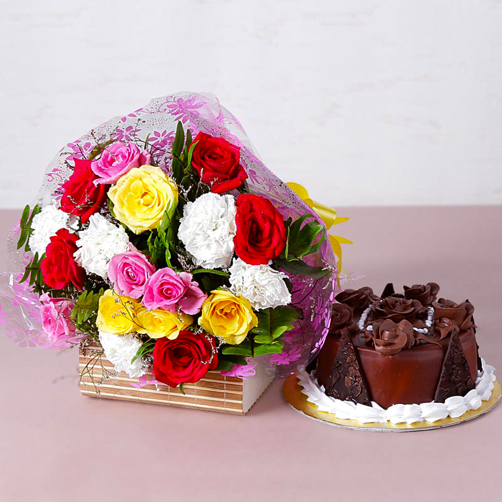 Colorful Fresh Flowers with Yummy Chocolate Cake