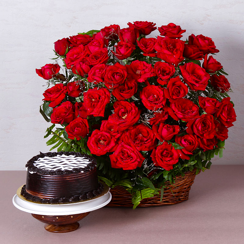 Basket Arrangement of Fifty Red Roses with Chocolate Cake