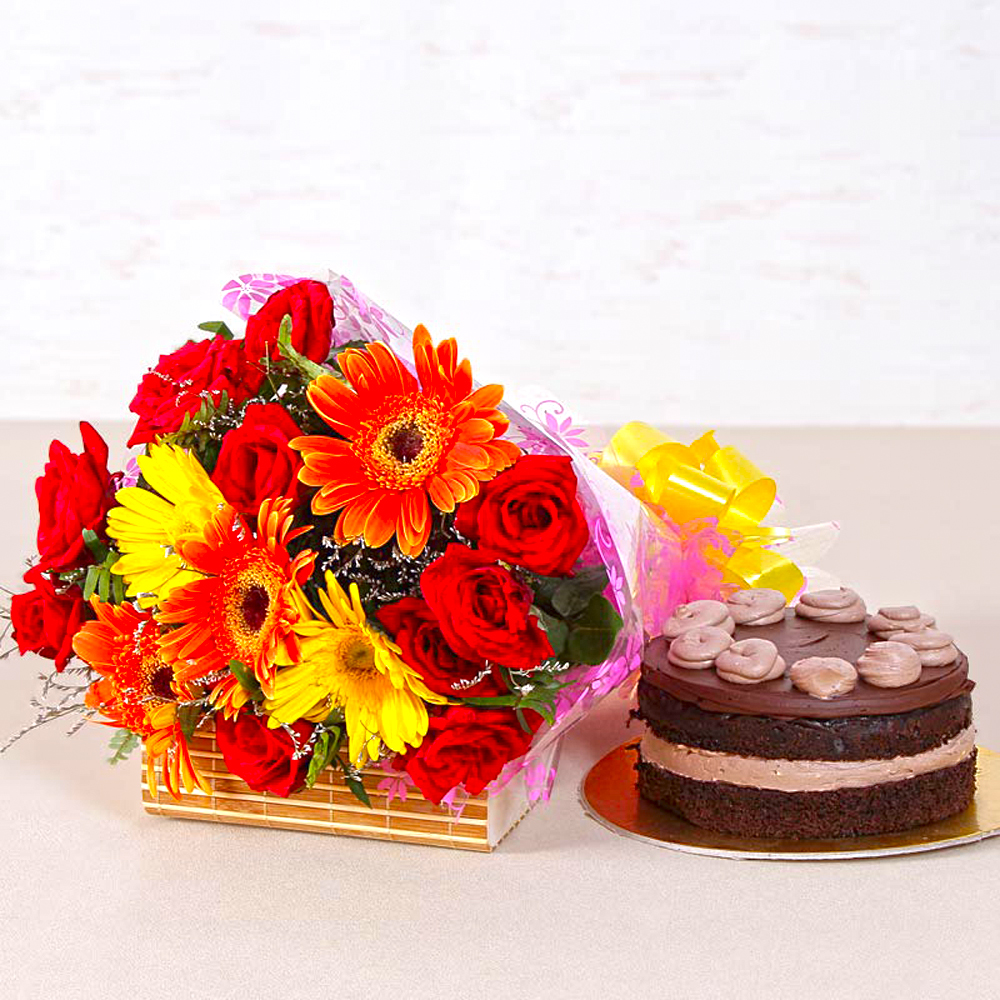 Fantastic Bright Floral Bouquet with Chocolate Creamy Cake