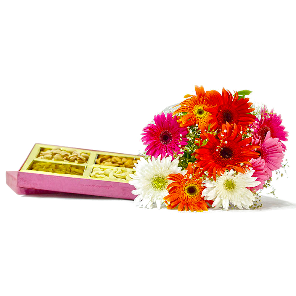 Colorful 10 Gerberas Bouquet with Box of Assorted DryFruits