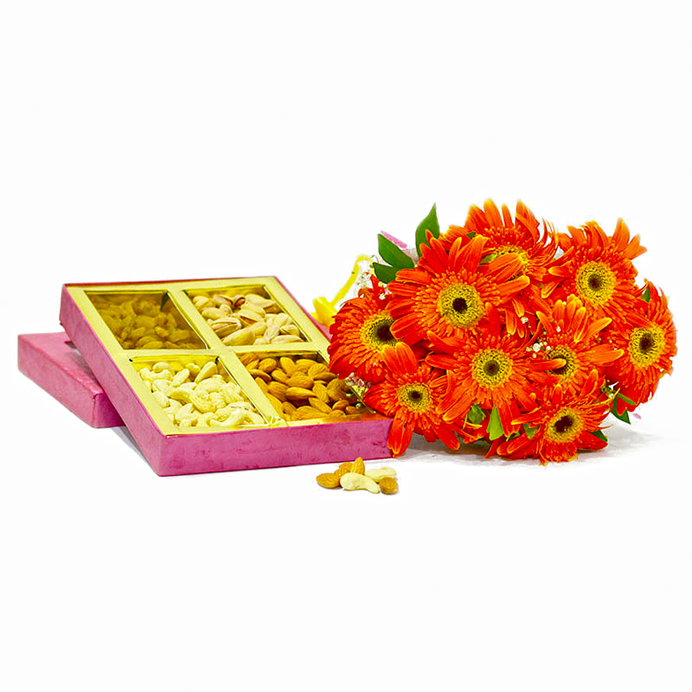 Ten Orange Gerberas Bouquet with Box of Assorted Dryfruits Combo
