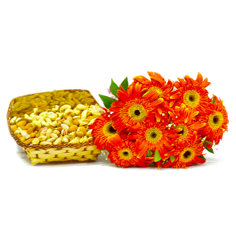 Bouquet of 10 Orange gerberas with Basket of Assorted DryFruits