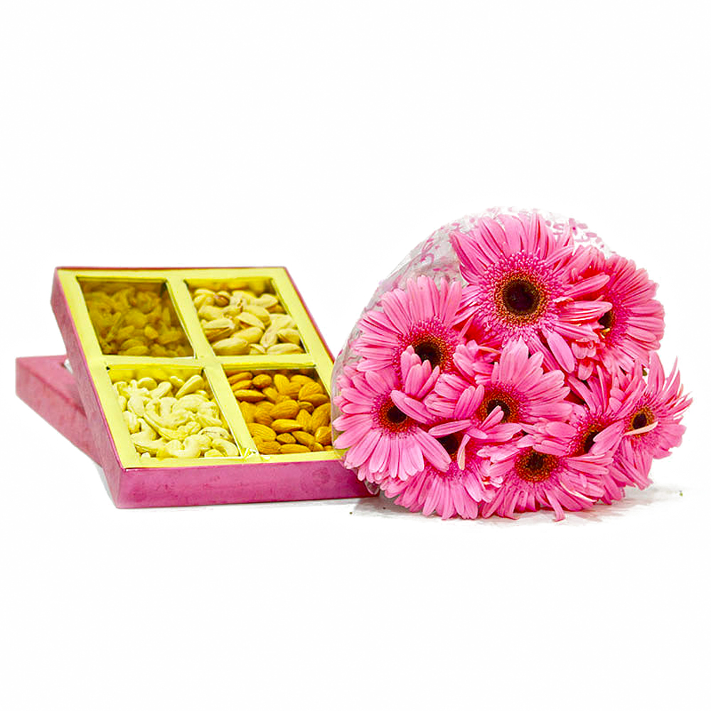 Box of Assorted DryFruits with Bouquet of 10 Pink Gerberas