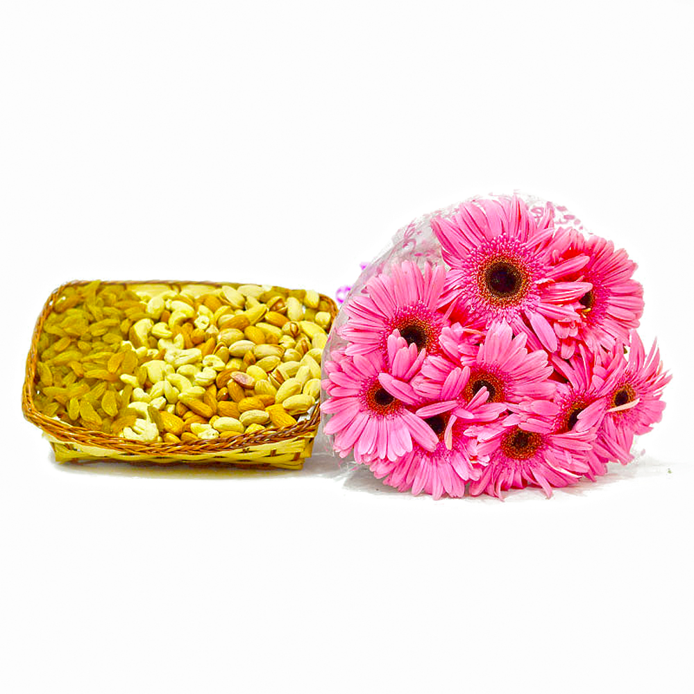 Basket of Mix Dry Fruits with 10 Pink Gerberas Combo