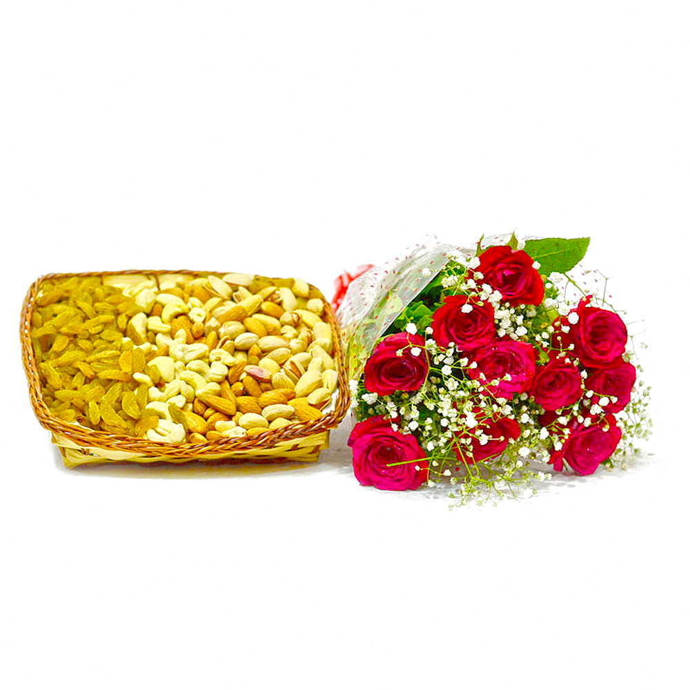 Lovely Ten Red Roses with Basket of Assorted DryFruits
