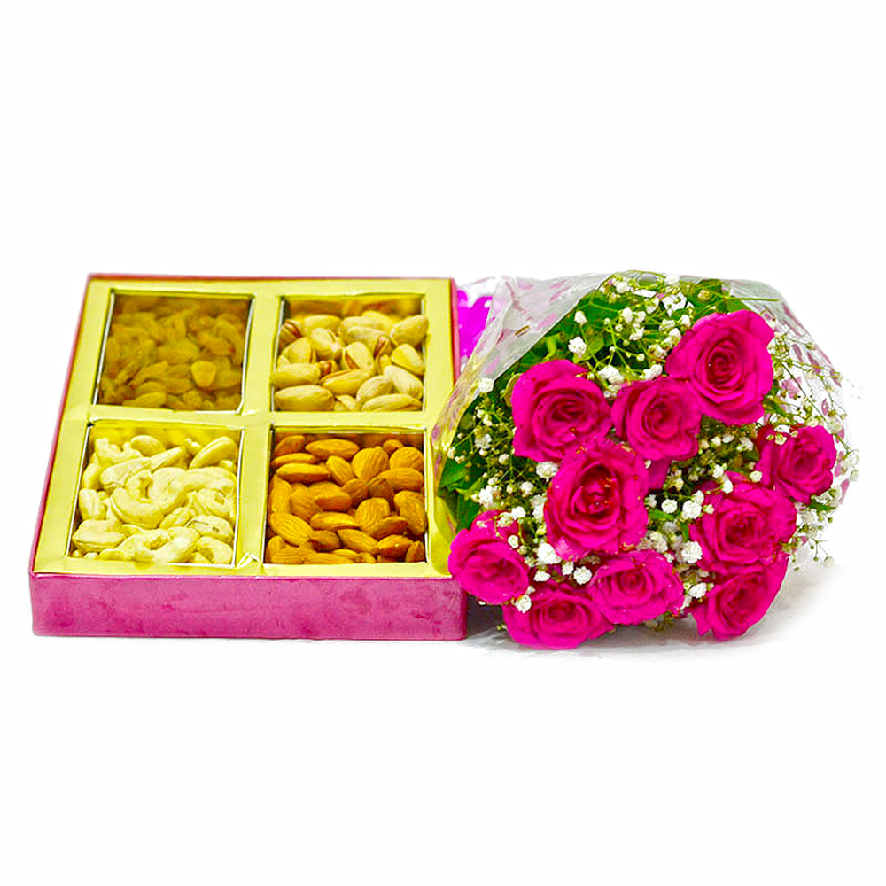 Basket of Assorted Dry Fruits with 10 Pink Roses Combo