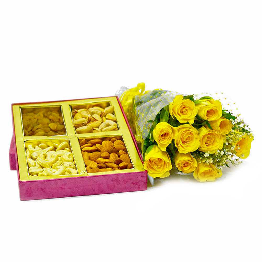 Ten Yellow Roses Bouquet with Basket of Mix DryFruit