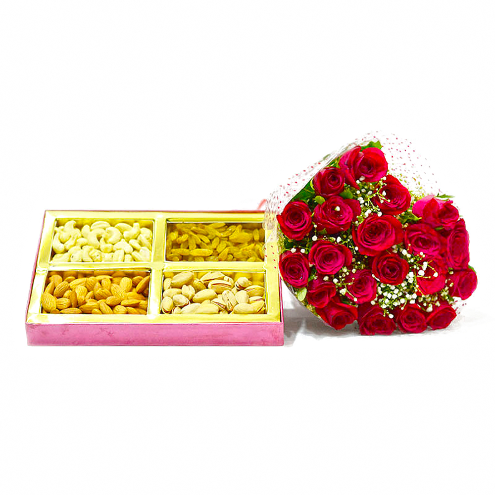 Bouquet of 20 Roses with Box of 1 Kg Assorted Dryfruit Combo