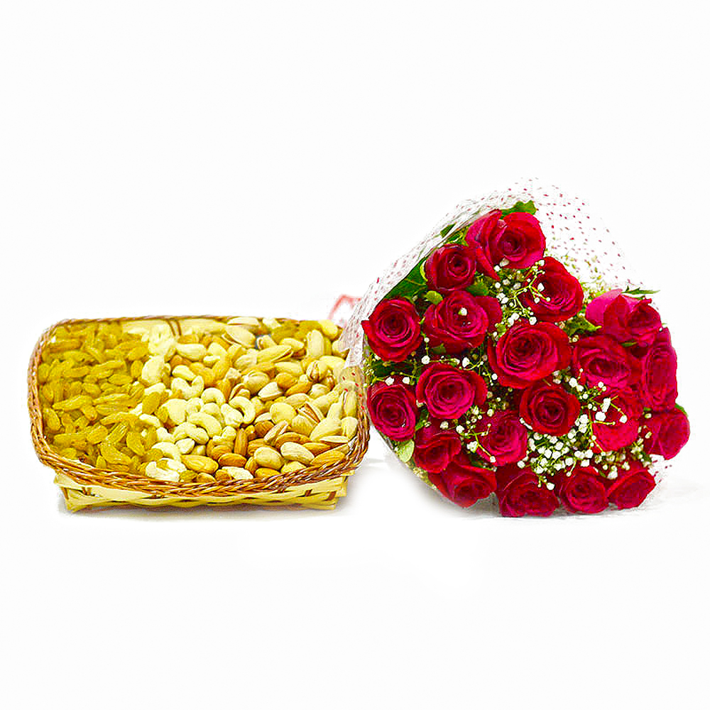 Romantic Twenty Red Roses with Basket of Mix Dryfruits