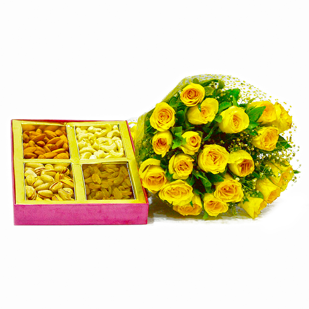 Beautiful Twenty Yellow Roses with 1 Kg Assorted Dry Fruits