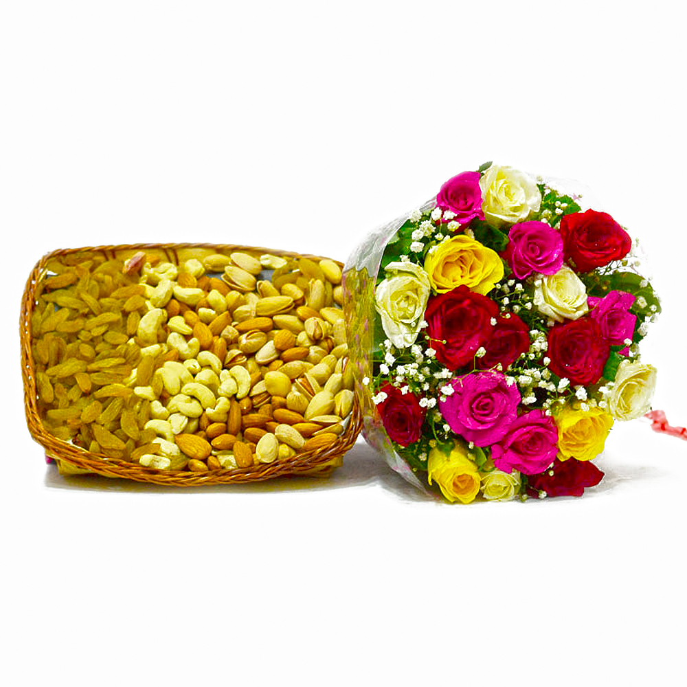 Twenty Colorful Roses with Mix Dry Fruit in a Basket