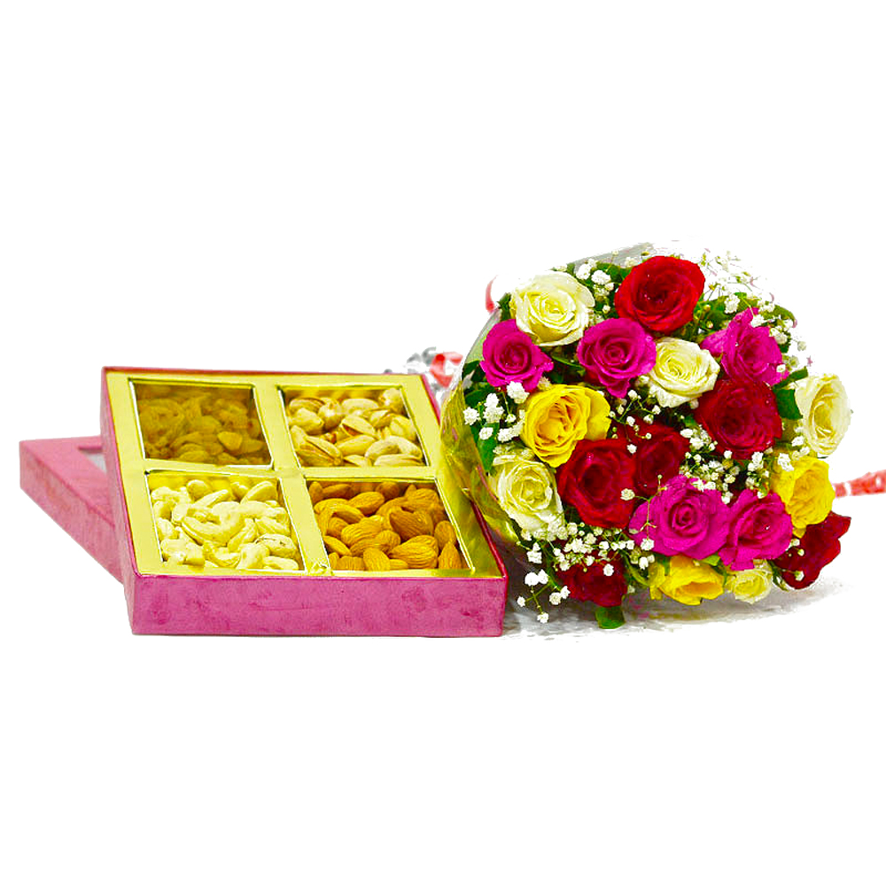 Bouquet of 20 Mix Roses with Box of Assorted Dry Fruits
