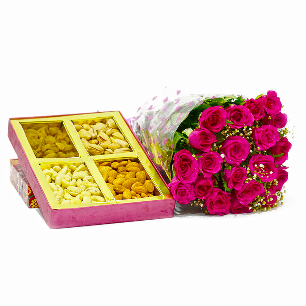 Twenty Pink Roses Bouquet with Mix Dry fruits Box