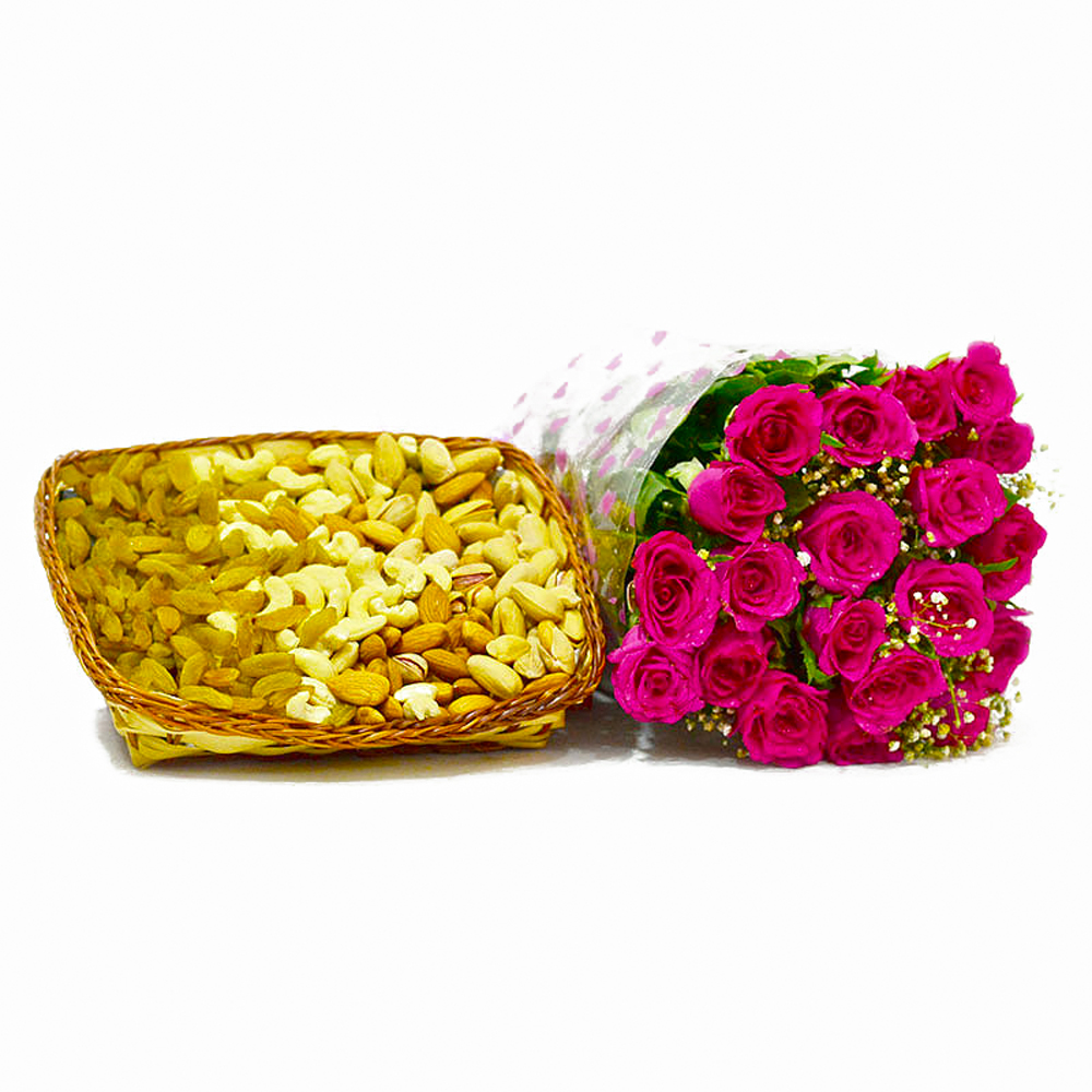 Twenty Pink Roses with 2 Kg Assorted Dry Fruit in a Basket