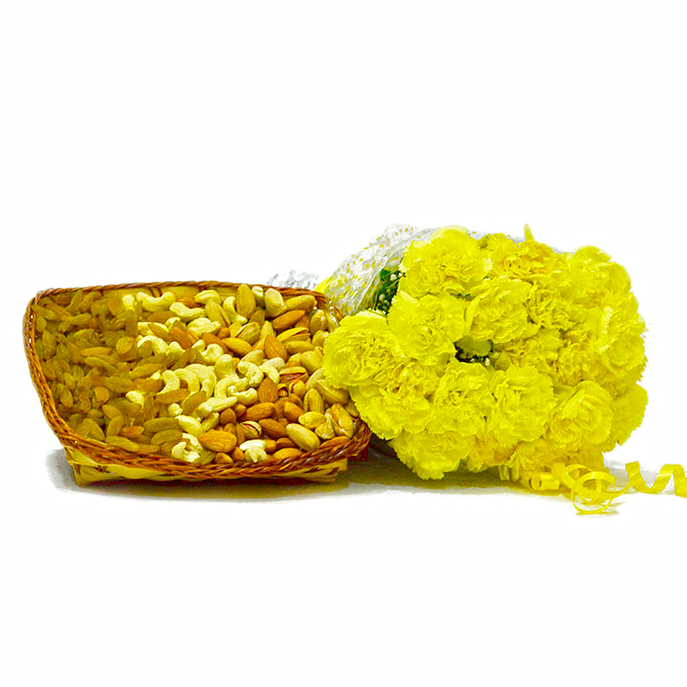 Bouquet of 20 Yellow Carnation with Basket of Assorted Dry Fruits