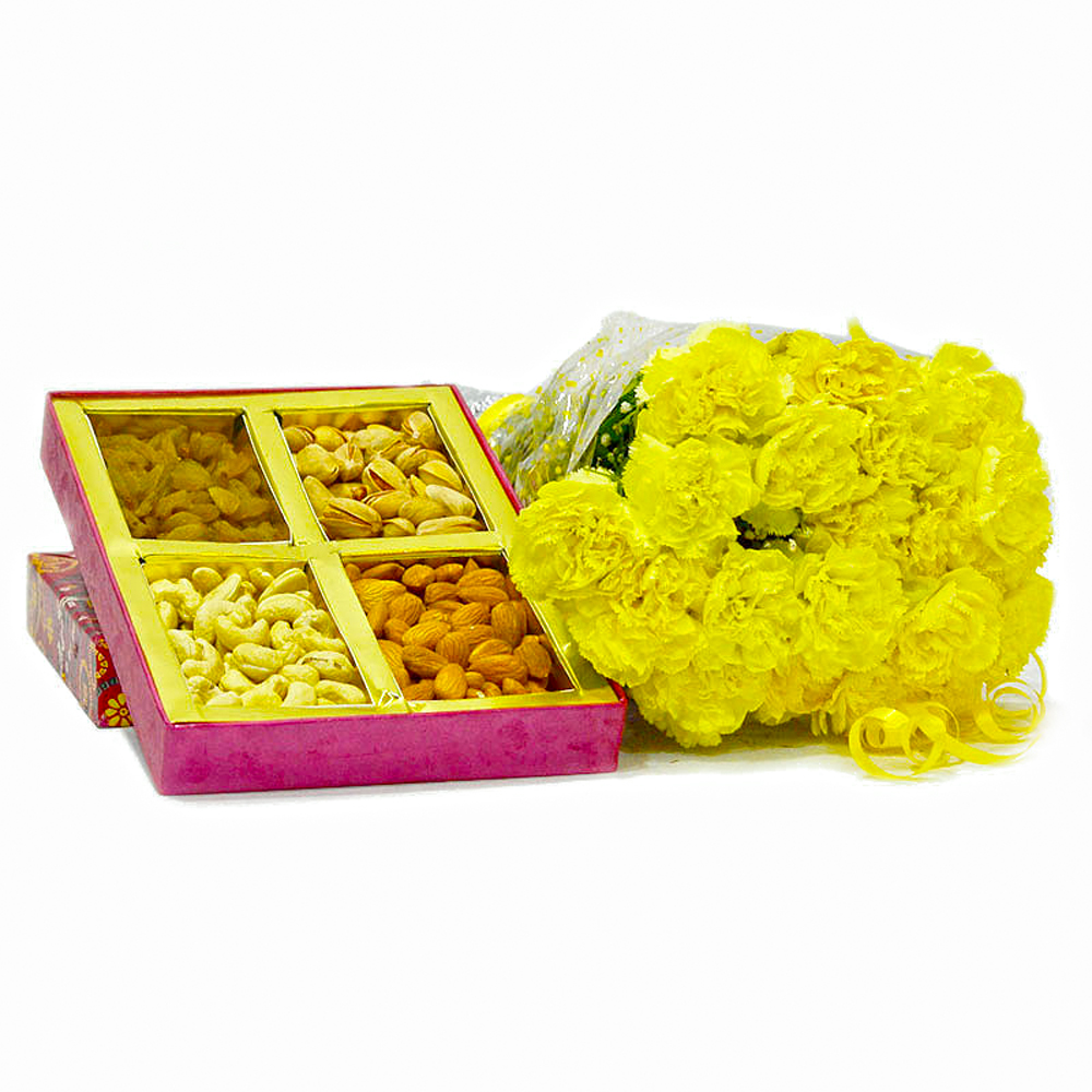 Twenty Yellow Carnations Bouquet with Box of Assorted Dryfruits