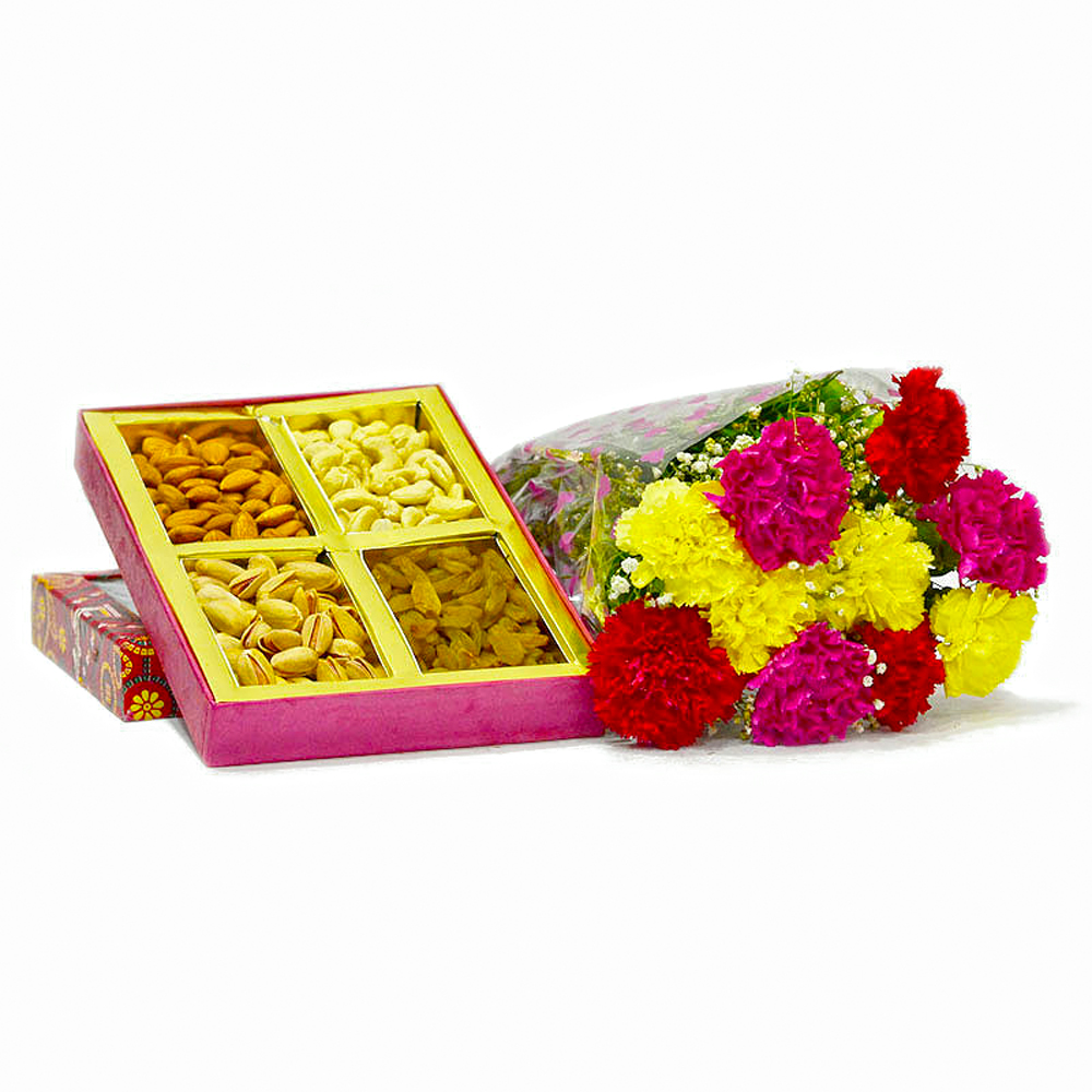 Ten Mix Carnations Bouquet with Assorted Dry fruits Box