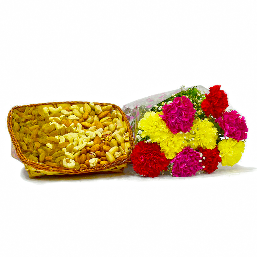 Bouquet of 10 Colorful Carnations with Mix Dry Fruits in a Basket