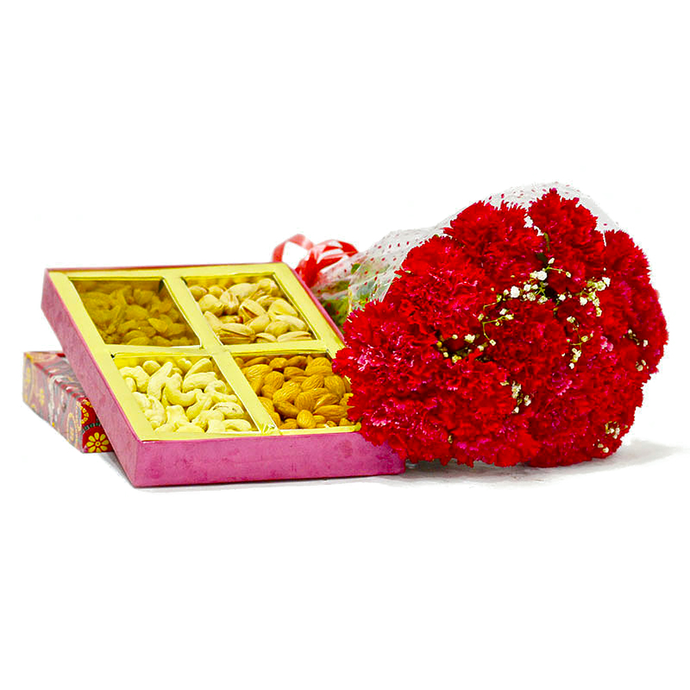 Lovely 12 Red carnation with Box of Mix Dry fruits