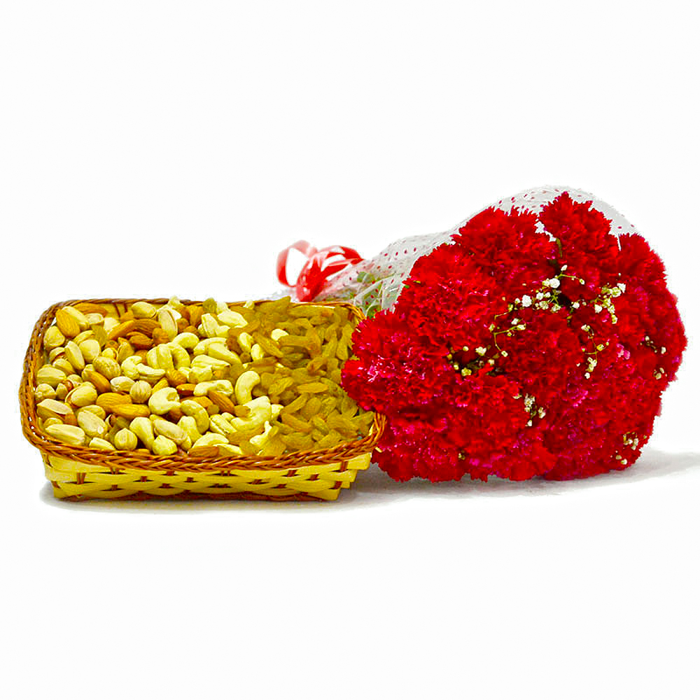 Bunch of 12 Red Carnations and Mix Dry Fruit Basket