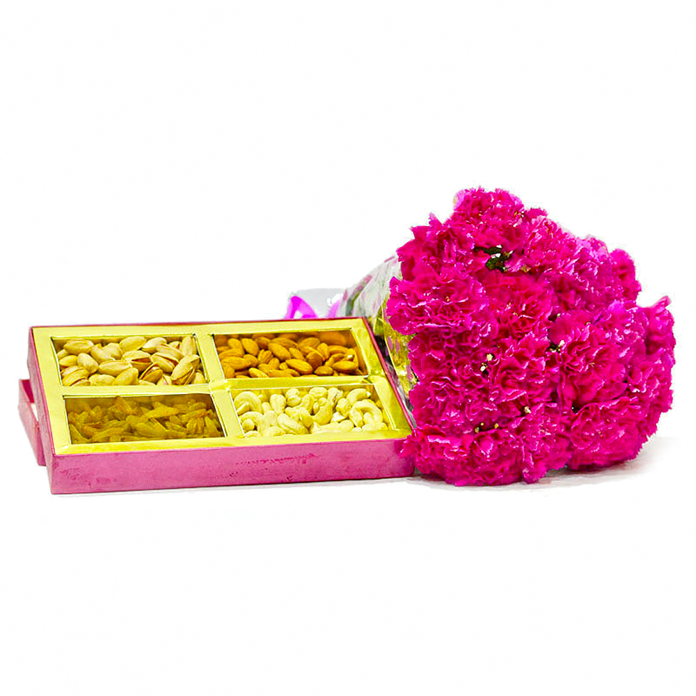 Twelve Pink Carnations Bunch with Assorted Dry Fruits