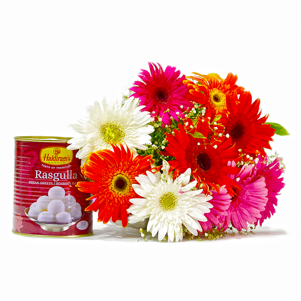 Colorful Ten Gerberas Bouquet with Rasgullas