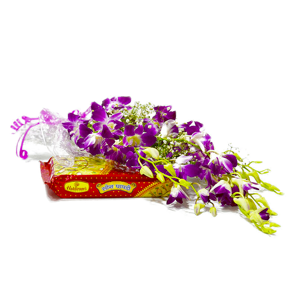 Bouquet of Six Purple Orchids with Sweet Soan Papdi