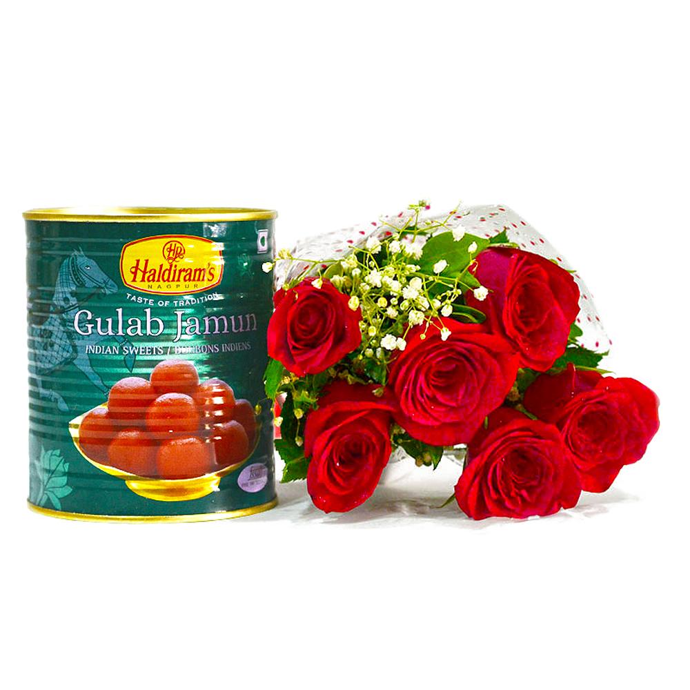 Romantic Six Red Roses with Mouthwatering Gulab Jamuns
