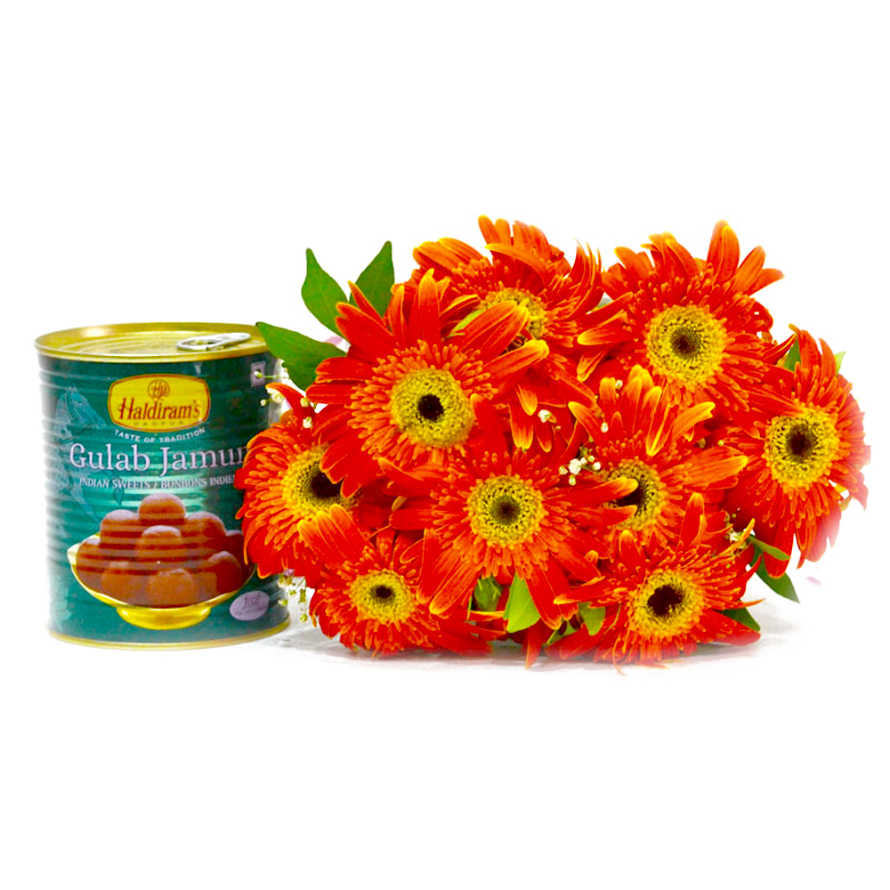 Ten Orange Gerberas with Mouthwatering Gulab Jamuns