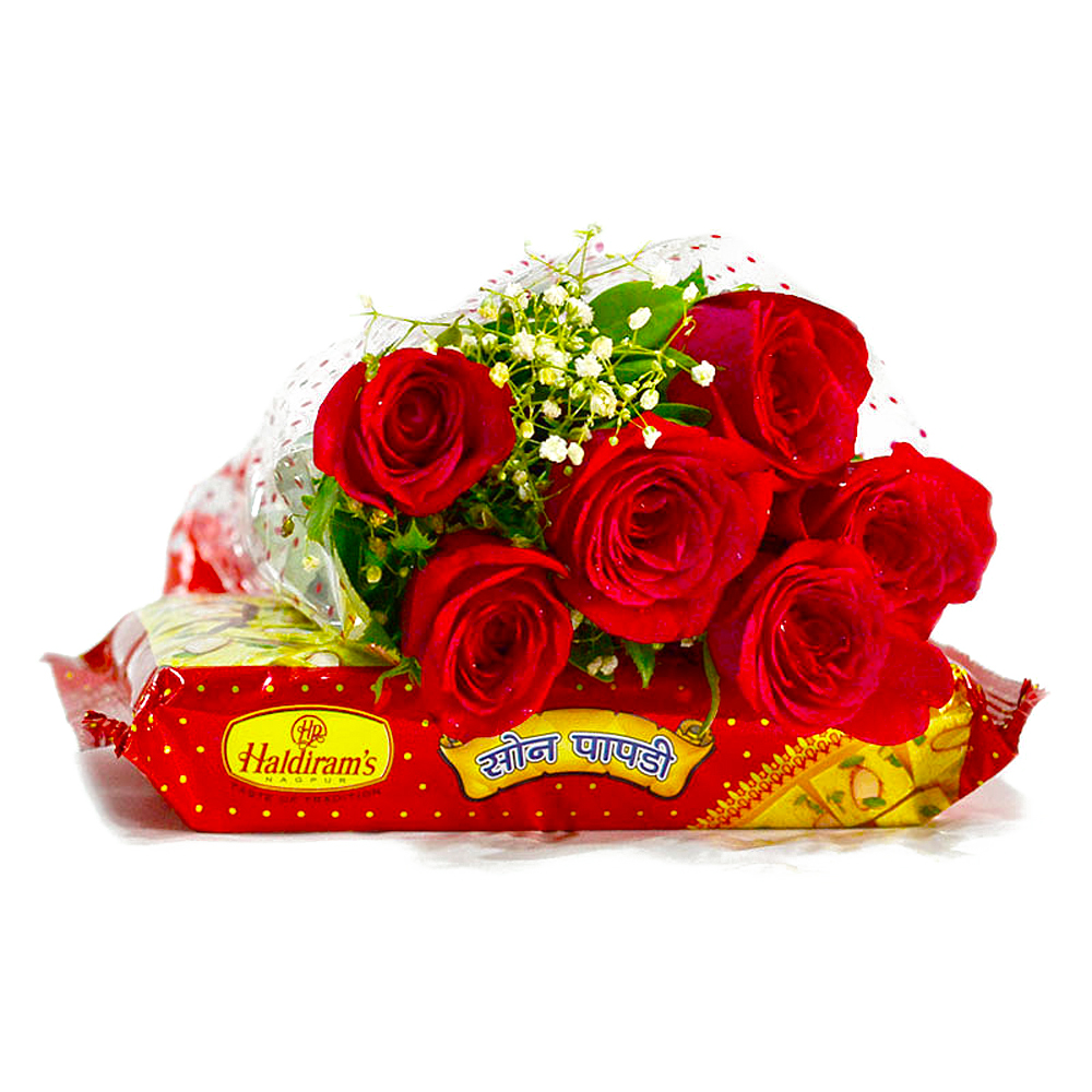 Six Romantic Red Roses with Soan Papdi