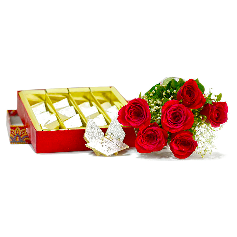 Six Red Roses Bouquet with Kaju Katli Box