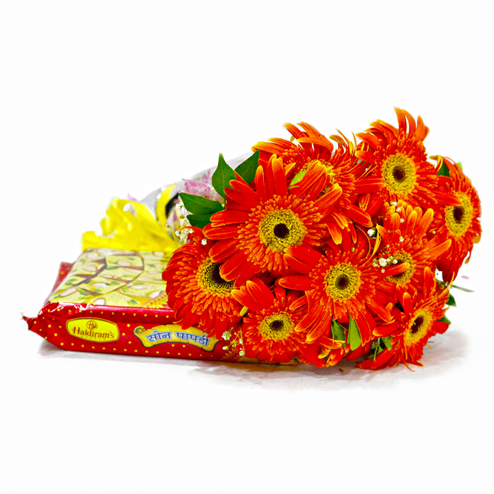 Bouquet of Ten Orange Gerberas with Soan Papdi